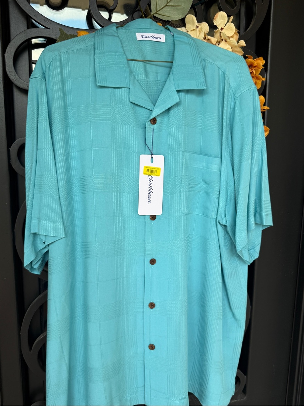 Caribbean Men's Short Sleeve Button-Front Shirt in Teal Blue